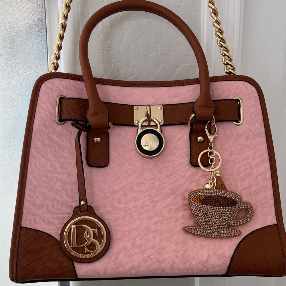 Elegant Pink and Brown Satchel Handbag with Gold Accents